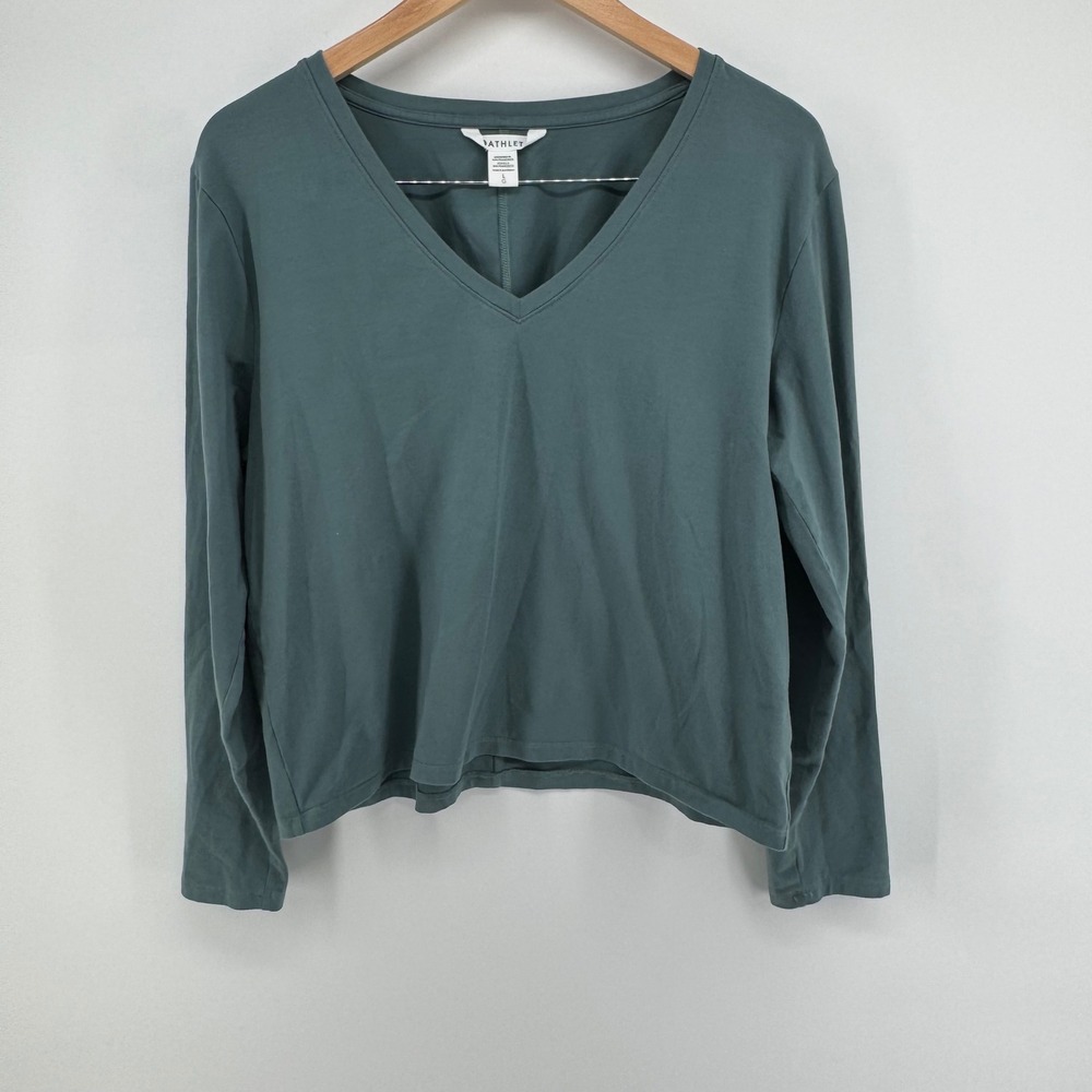 Athleta Soft Knit V-Neck Top Womens Large Relaxed Fit Long Sleeve Teal Gorpcore